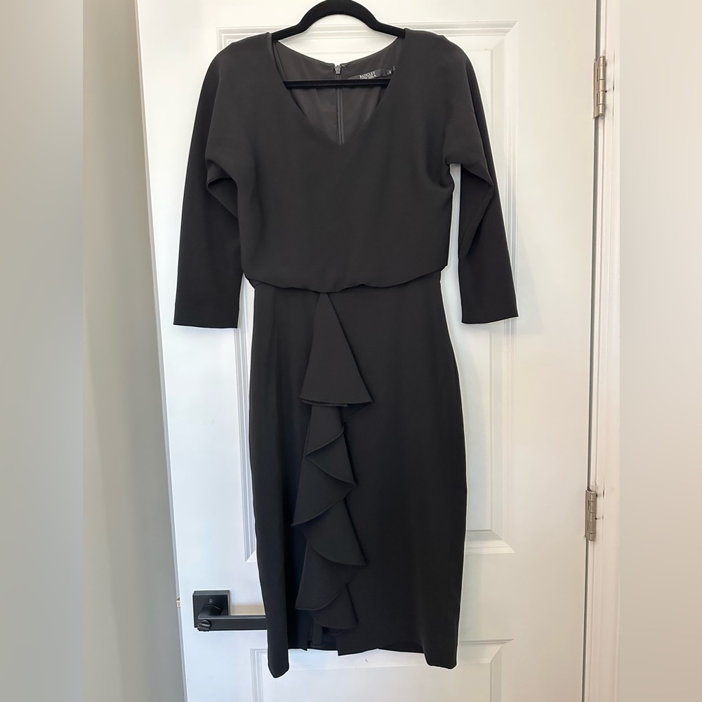 Badgley Mischka Black Dolman Sleeve Crepe Blouson Ruffle Knee Length Dress